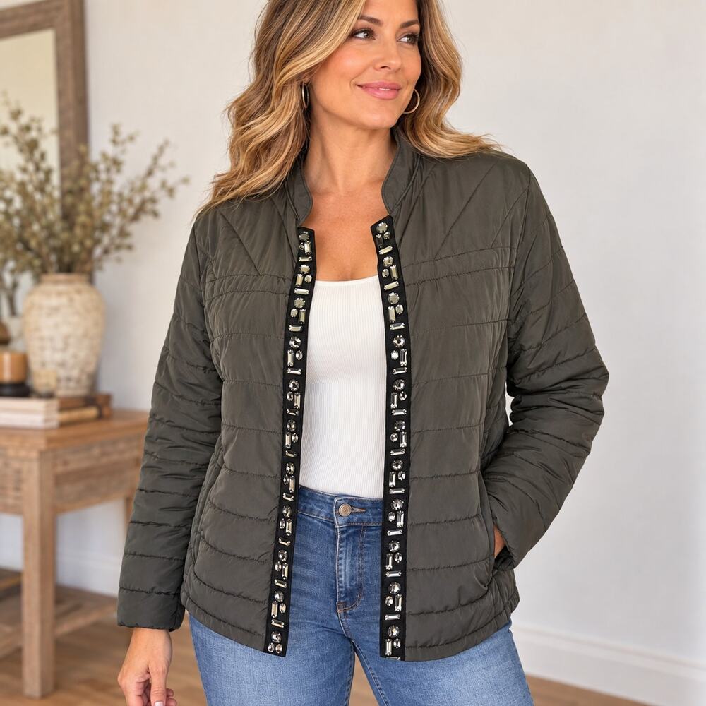 Chico's Quilted Puffer Jacket Womens Size 2 L Brown Jeweled Embellished Coat